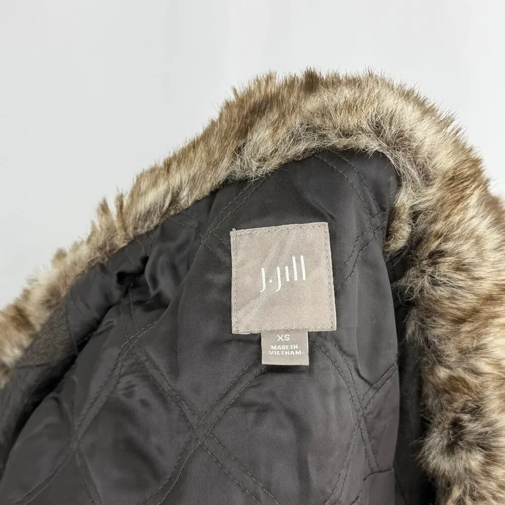 J Jill Faux Fur Collar Vest Womens XS Brown Herringbone Utility Zip Snap Waist